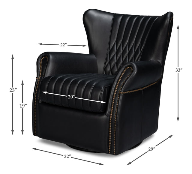 Sarreid Bugatti Leather Swivel Chair Onyx Black